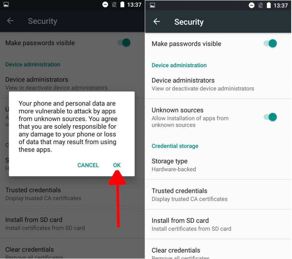 disable unknown sources to allow installation of apk applications
