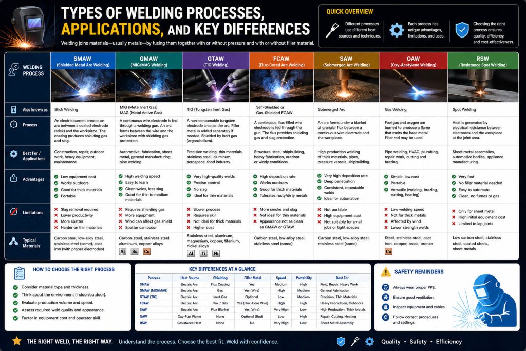 types of welding processes, applications, and key differences
